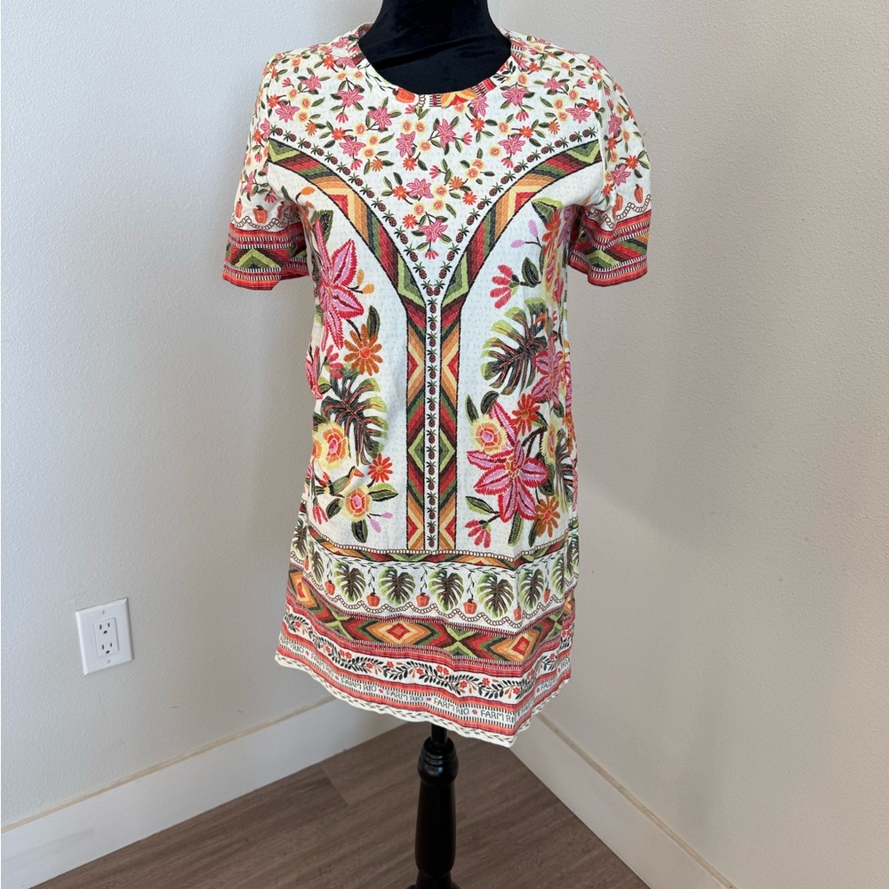 Farm Rio Floral Embroidered Print Short Sleeve Shift Dress